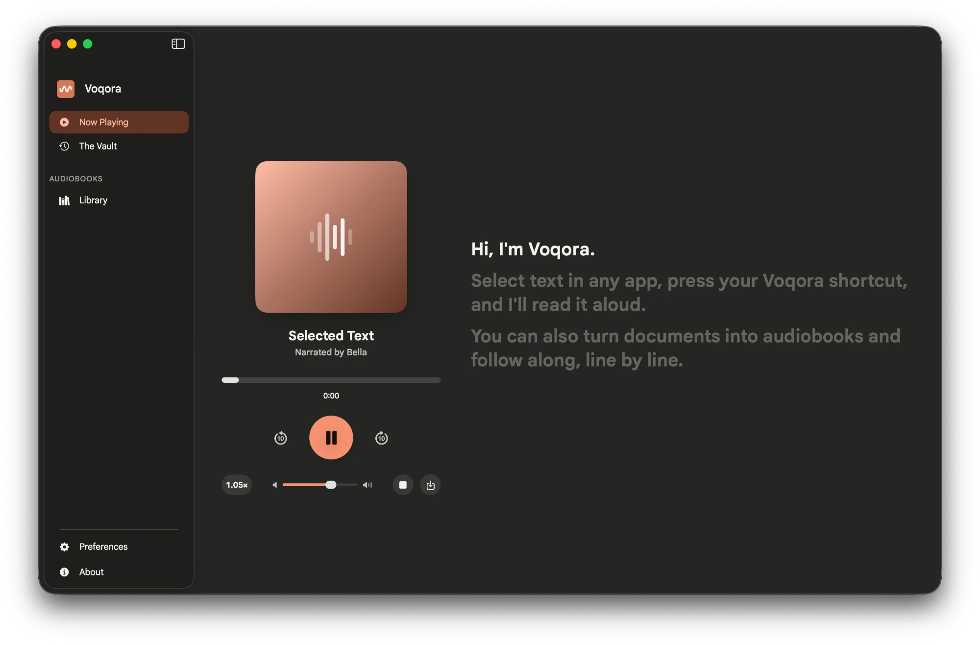 Voqora reading selected text aloud, with the current sentence highlighted