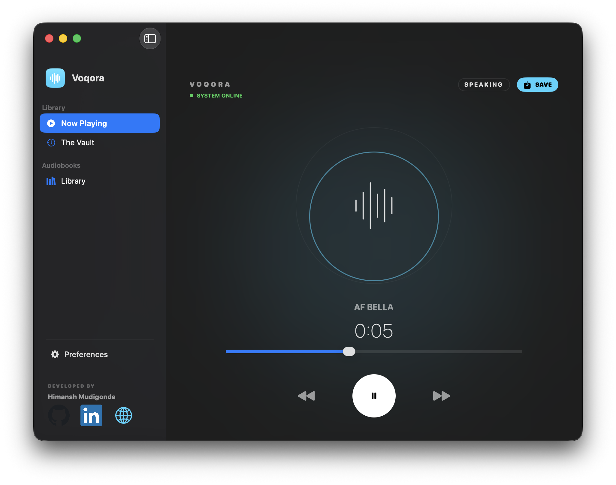 Voqora playing selected text with the Bella voice